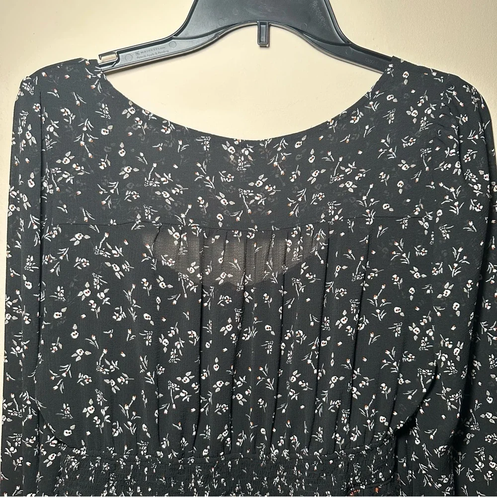 Free People Floral Black Women's Smocked Ruffled Cutout Front Tie Blouse Large